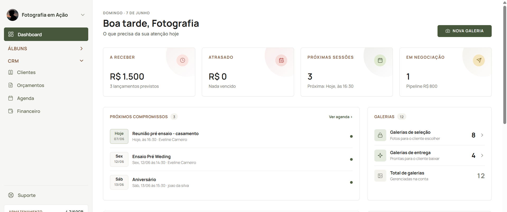 Painel do fotógrafo no Sineto Studio com listagem de álbuns, agenda e galerias